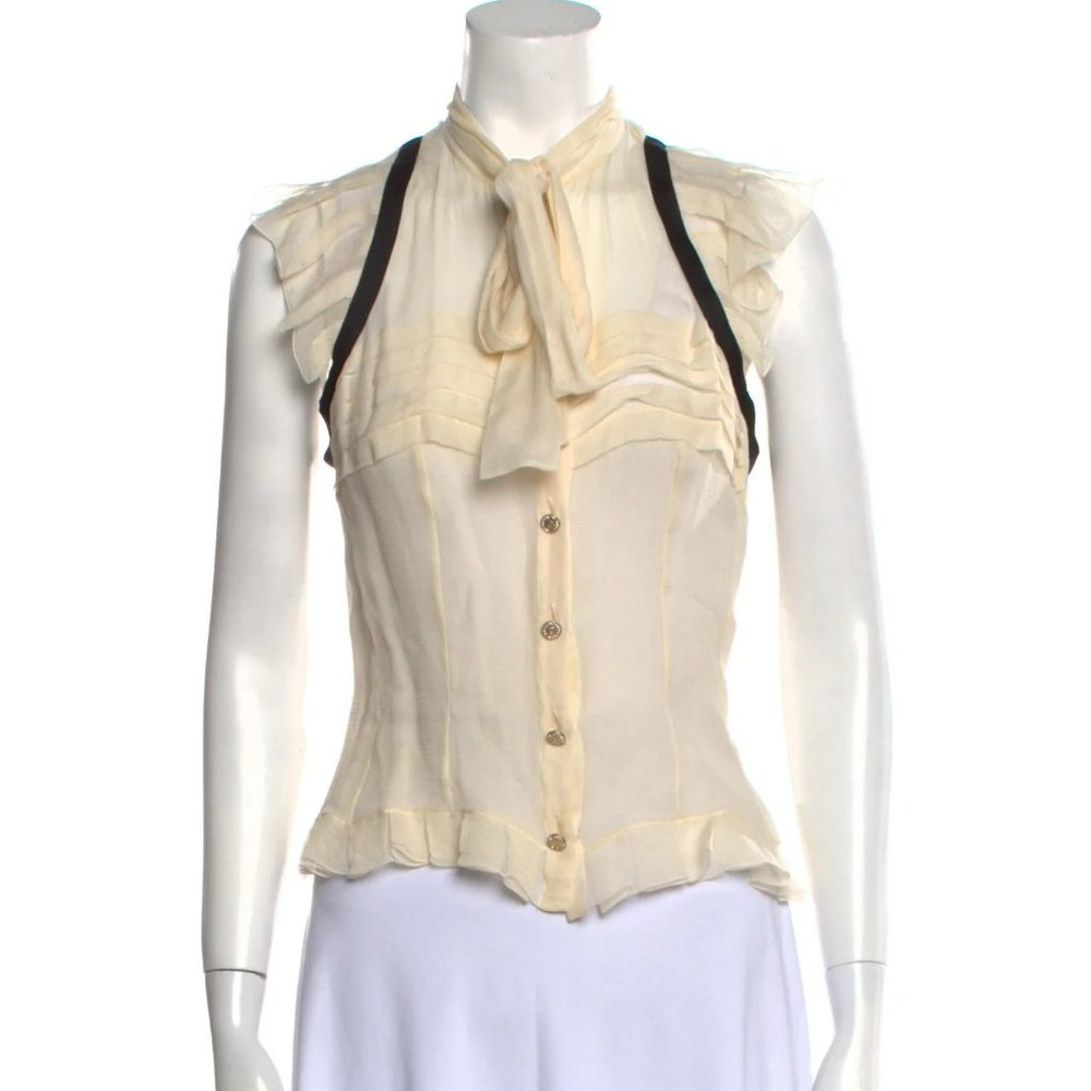 CHANEL Cream Chiffon Ruffled Sleeve Black Piping Bow Blouse Fall 2006 FR 38